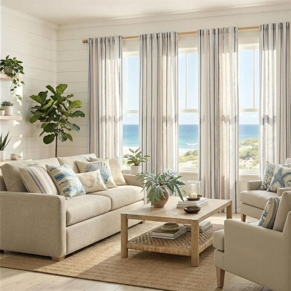Brand New Jinchan Blue on Beige Striped Linen Curtains 84″ Long – Set of 2 - Picture 2 of 4